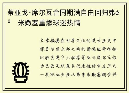 蒂亚戈·席尔瓦合同期满自由回归弗鲁米嫩塞重燃球迷热情