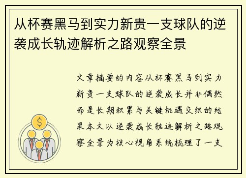从杯赛黑马到实力新贵一支球队的逆袭成长轨迹解析之路观察全景