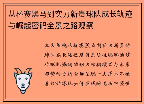 从杯赛黑马到实力新贵球队成长轨迹与崛起密码全景之路观察