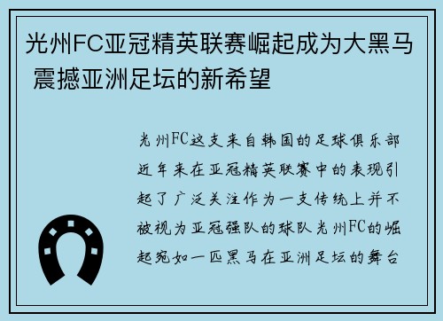 光州FC亚冠精英联赛崛起成为大黑马 震撼亚洲足坛的新希望